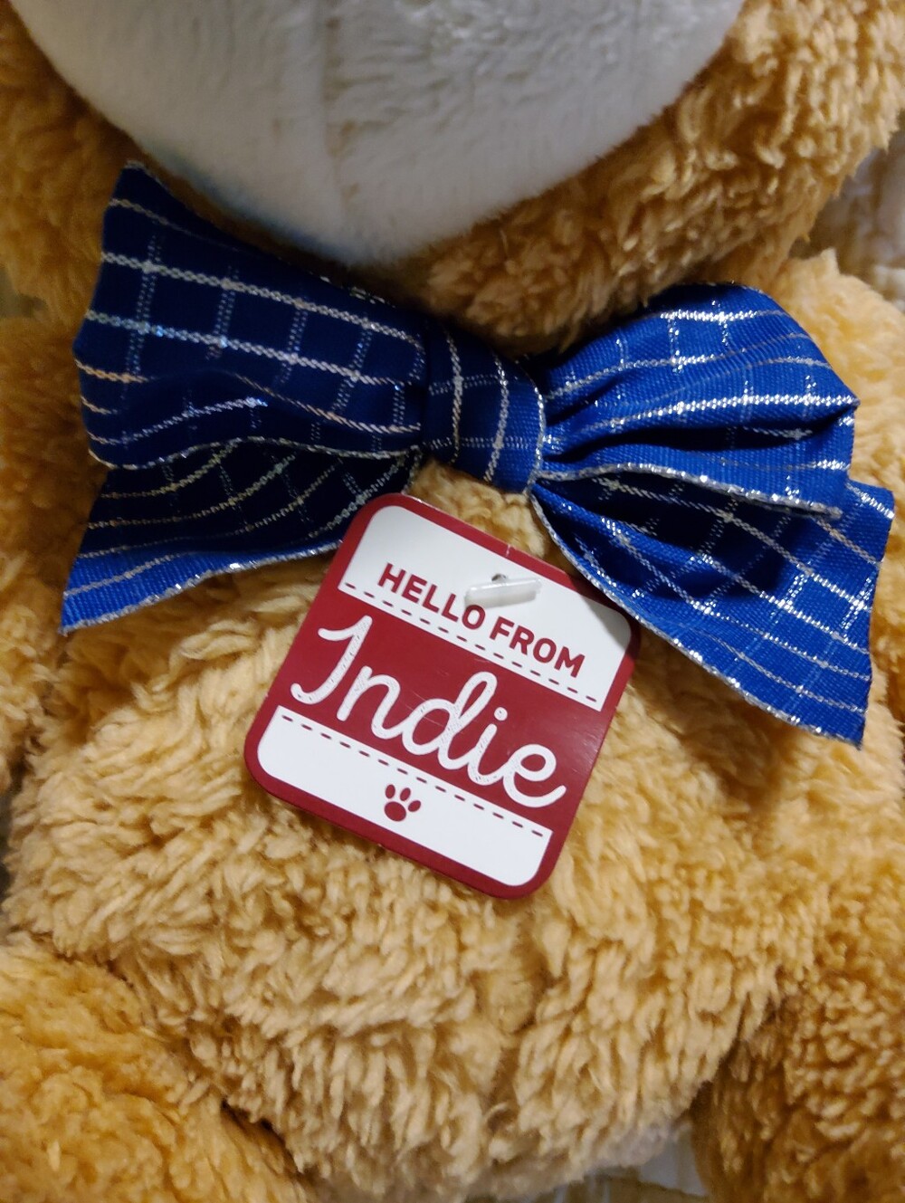 Indie Plush Teddy Bear in Tan with Blue Bow - Picture 2 of 5